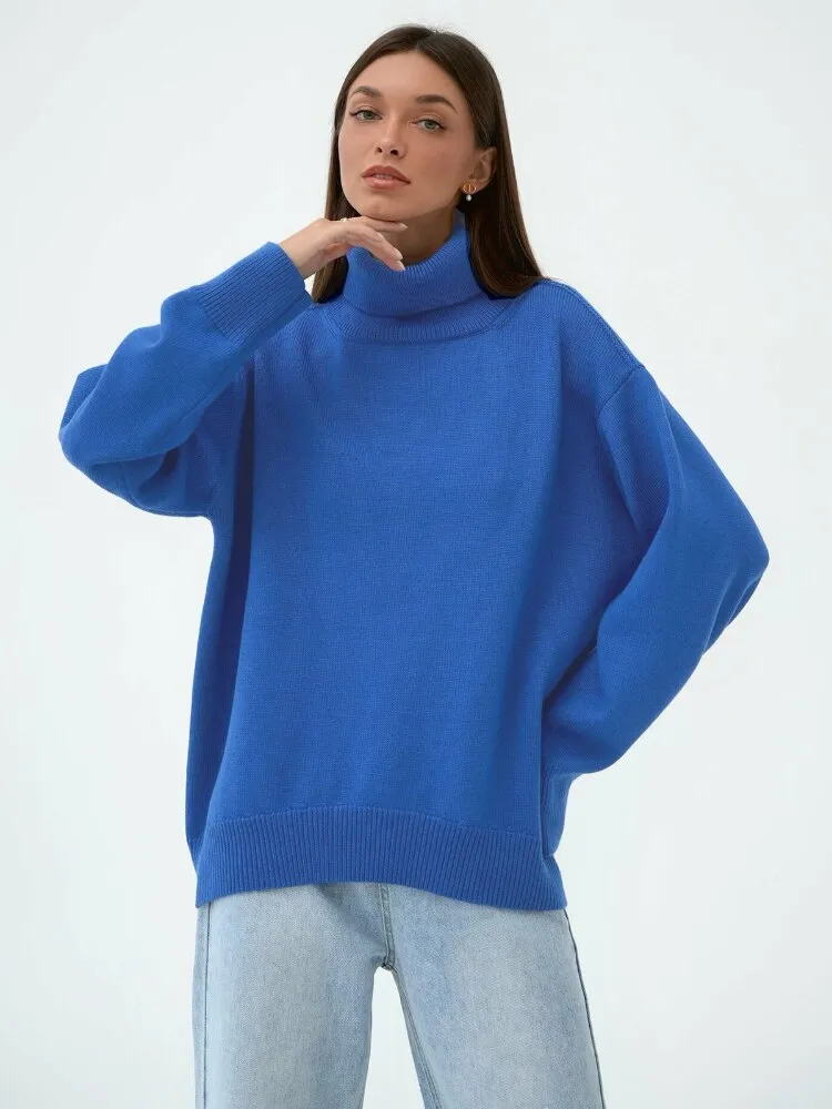 Solid Color High Neck Sweater Autumn Winter Loose Knit Pullover Women's Long Sleeve Top Versatile Classic Winter Clothes Women