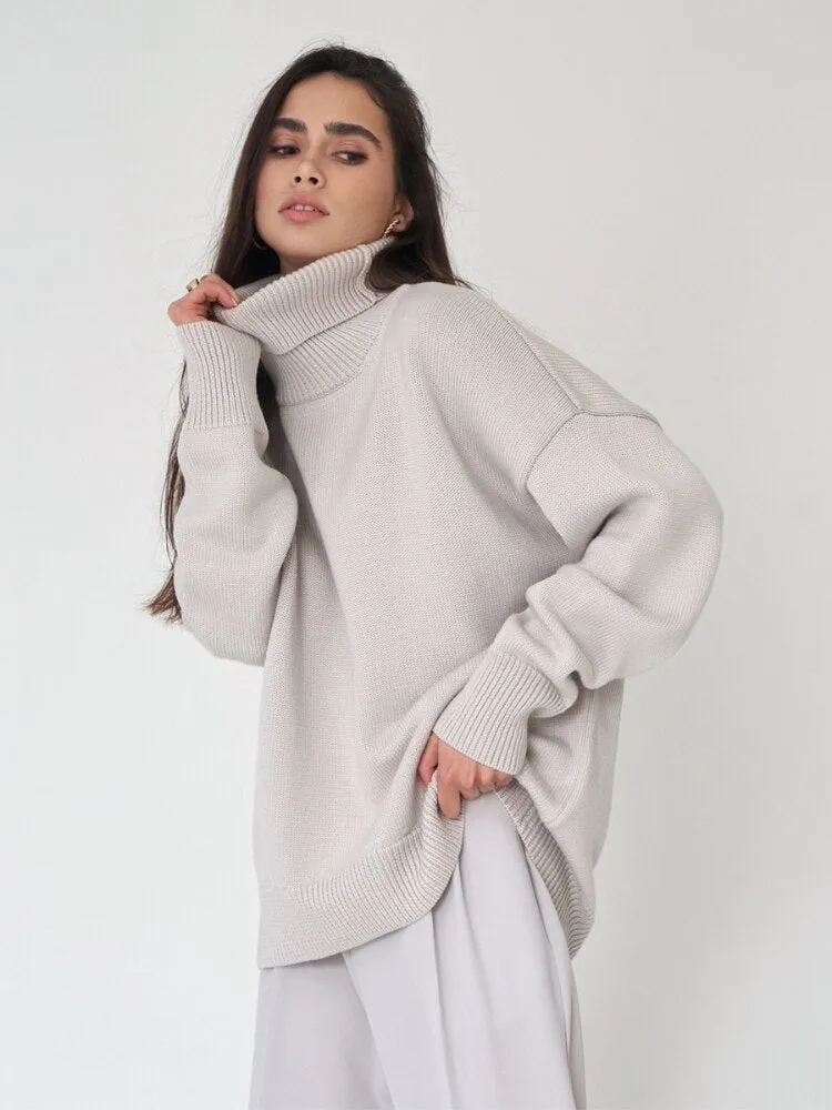 Solid Color High Neck Sweater Autumn Winter Loose Knit Pullover Women's Long Sleeve Top Versatile Classic Winter Clothes Women