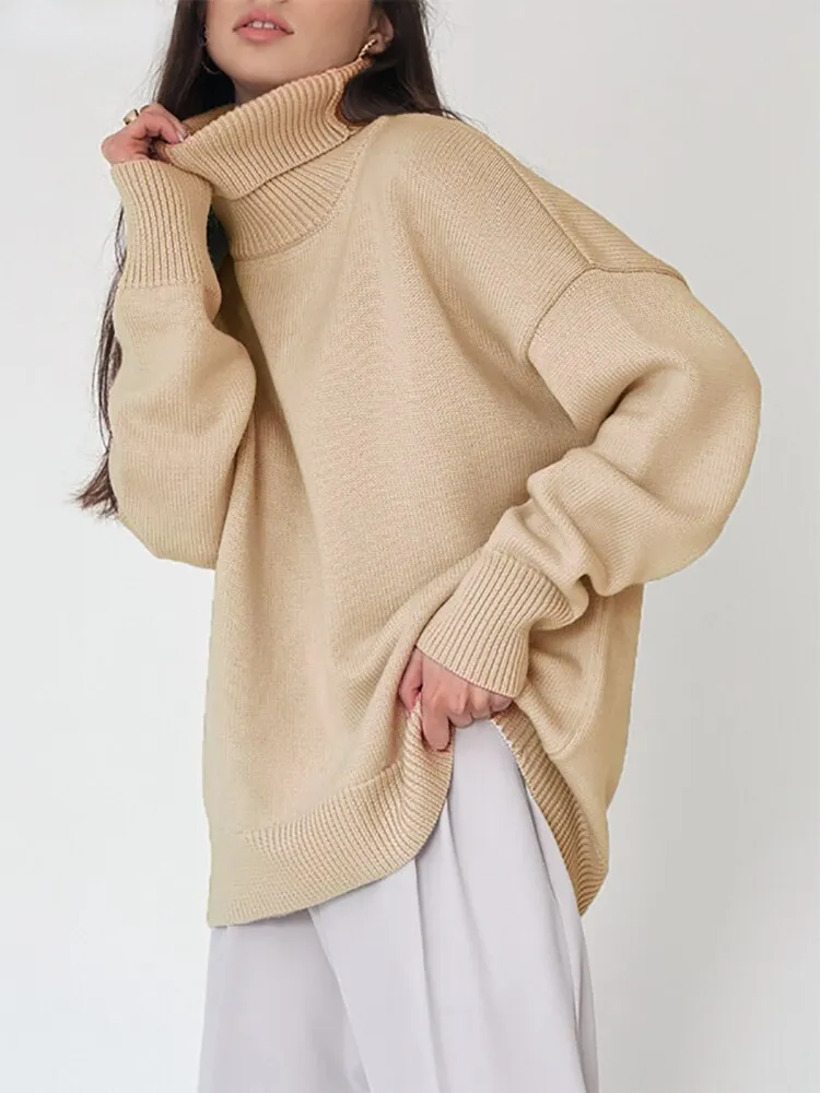 Solid Color High Neck Sweater Autumn Winter Loose Knit Pullover Women's Long Sleeve Top Versatile Classic Winter Clothes Women