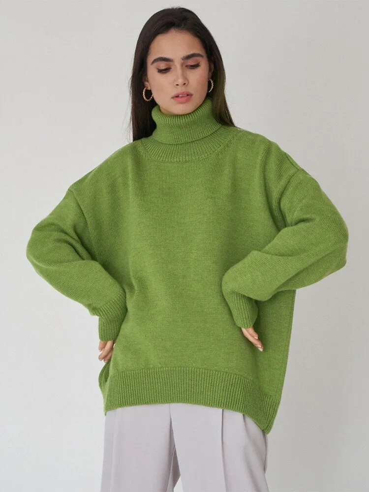 Solid Color High Neck Sweater Autumn Winter Loose Knit Pullover Women's Long Sleeve Top Versatile Classic Winter Clothes Women