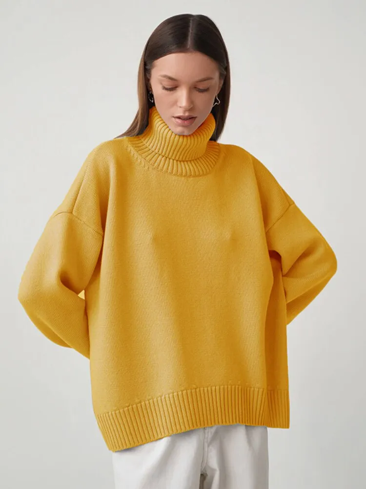 Solid Color High Neck Sweater Autumn Winter Loose Knit Pullover Women's Long Sleeve Top Versatile Classic Winter Clothes Women