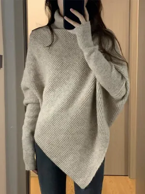 Unique Design High-Neck Long Sleeve Sweater for Women Cozy Irregular Fall/Winter Knitwear Gift for Her Christmas Gift