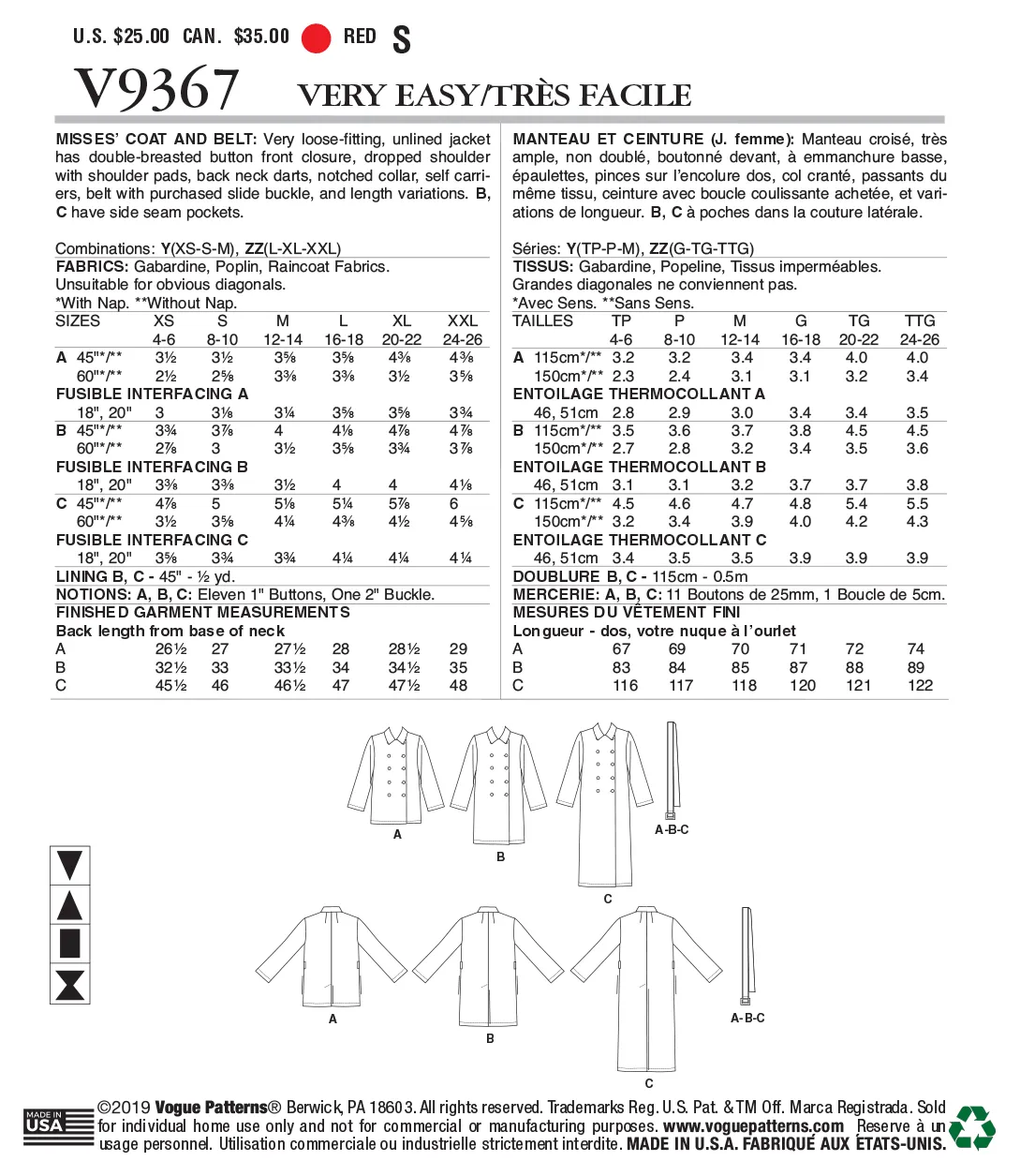 V9367 Misses' Coat and Belt