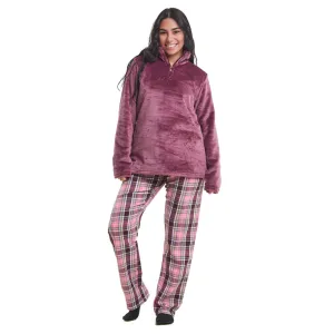 Women Winter Pajama Set Mauve Sweatshirt   Dark Purple x Pink Checkered Pants