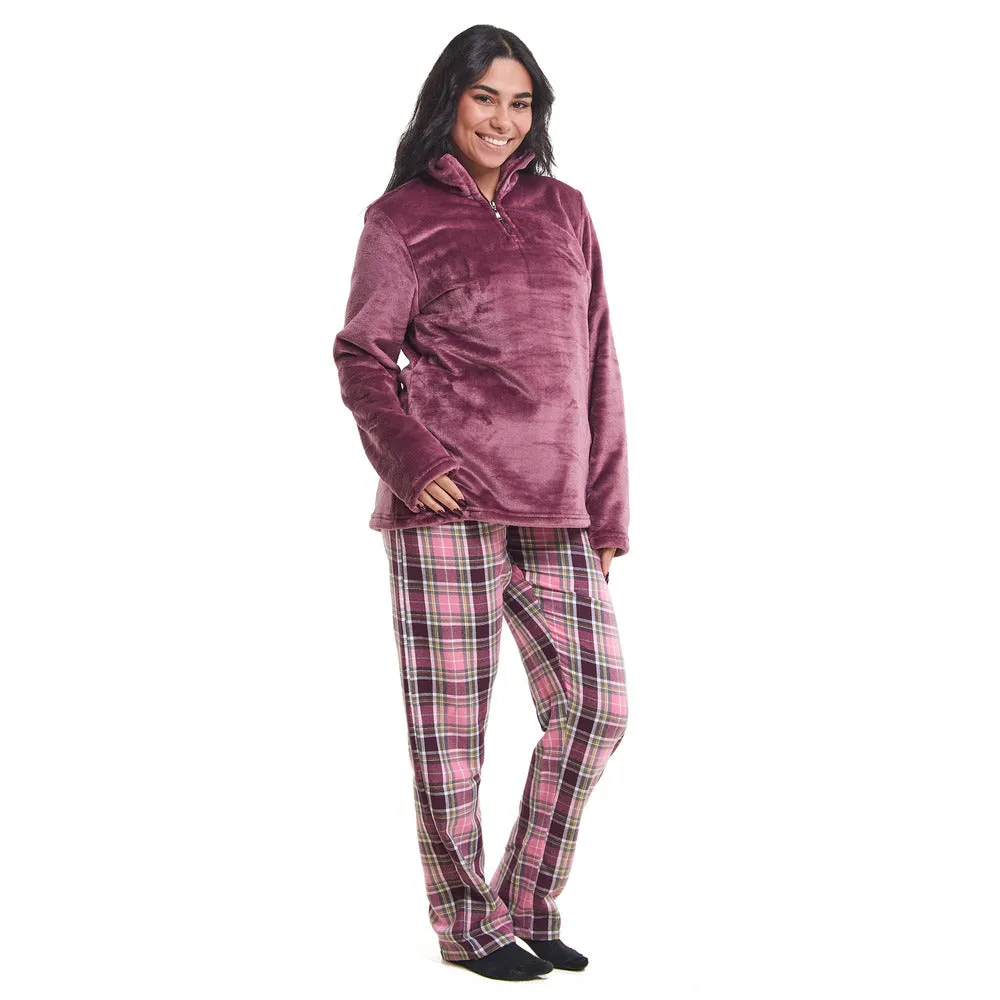 Women Winter Pajama Set Mauve Sweatshirt   Dark Purple x Pink Checkered Pants