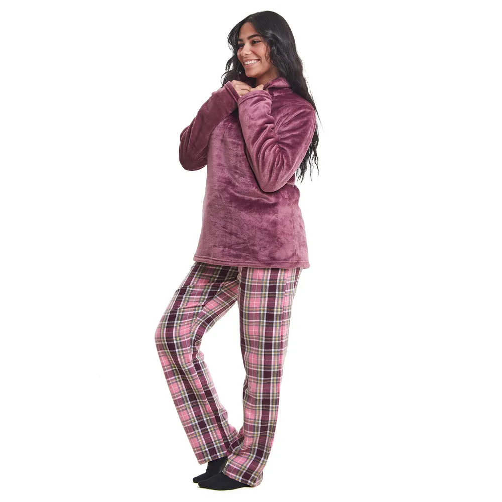 Women Winter Pajama Set Mauve Sweatshirt   Dark Purple x Pink Checkered Pants