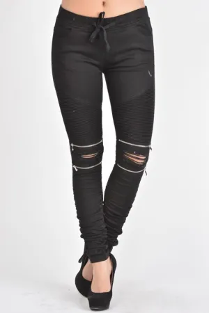 Women's Biker Style Ripped Zip Rider Jogger Pants