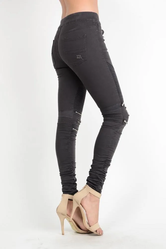 Women's Biker Style Ripped Zip Rider Jogger Pants