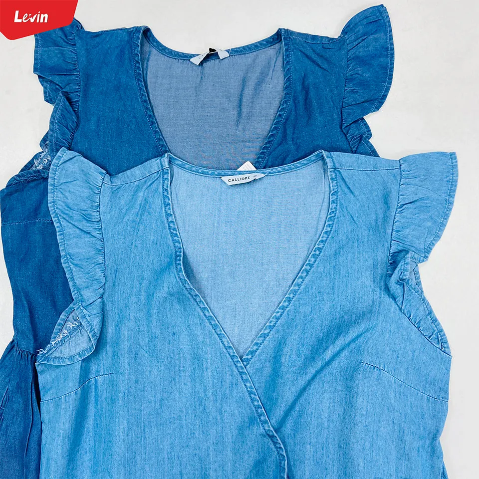 Womens Ruffle Sleeve Crossover Denim Tops