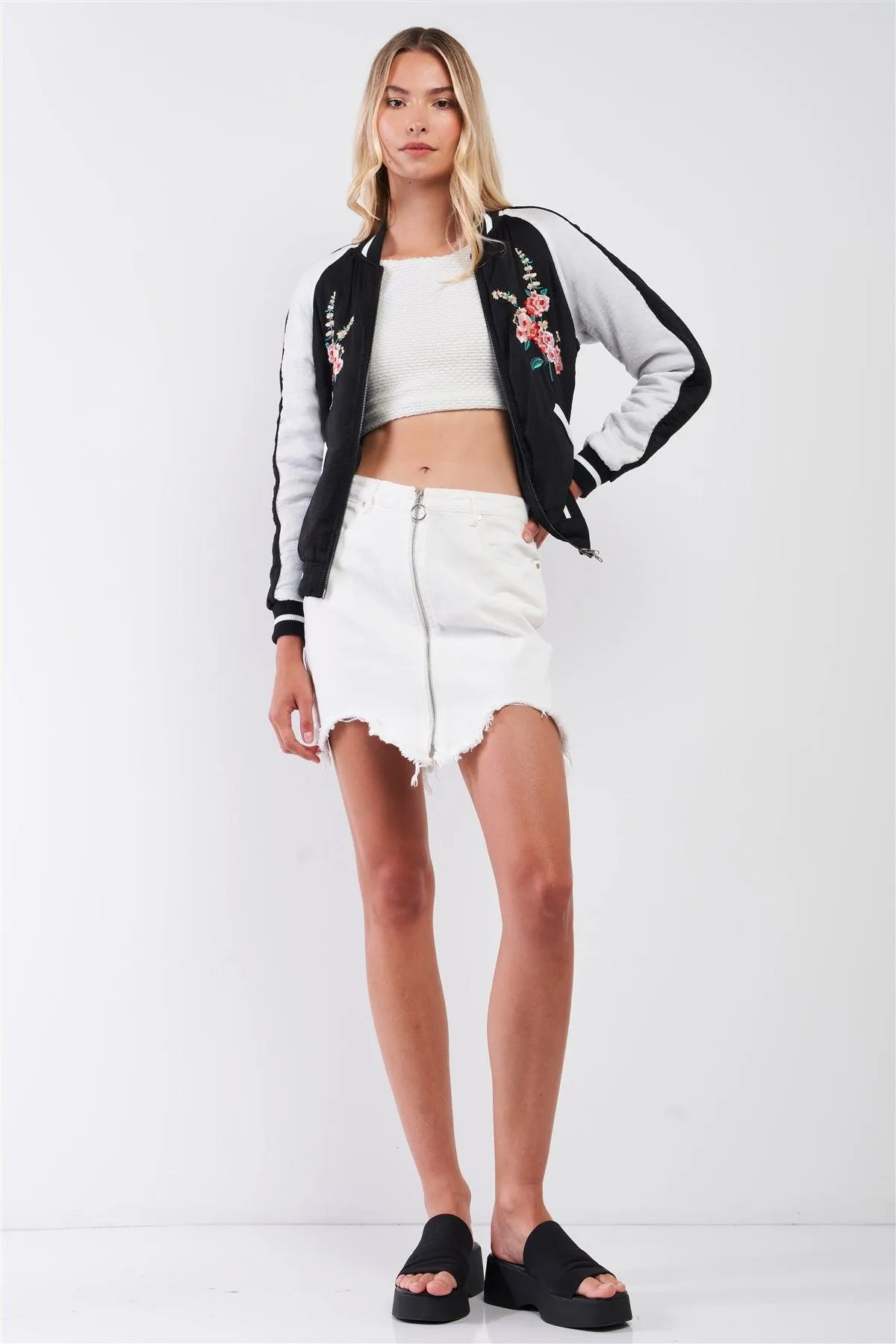 Zarina Vintage Black & White Floral Embroidery Trim Bomber Jacket /2-1-2-1