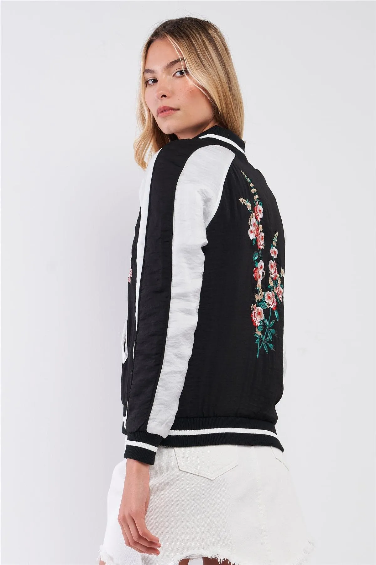 Zarina Vintage Black & White Floral Embroidery Trim Bomber Jacket /2-1-2-1